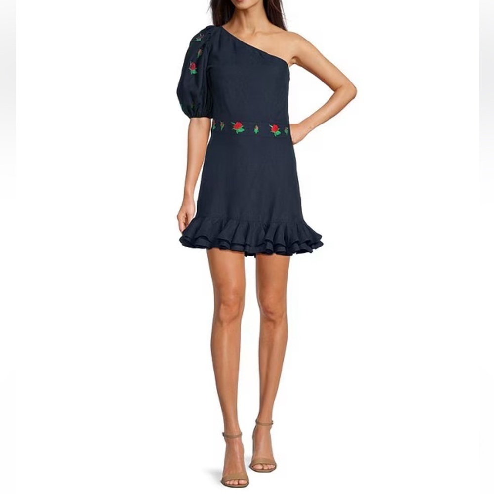 Fanm Mon Navy Flame Linen One Sleeve Ruffle Hem Floral Embroidery Mini Dress NWT - Picture 2 of 15